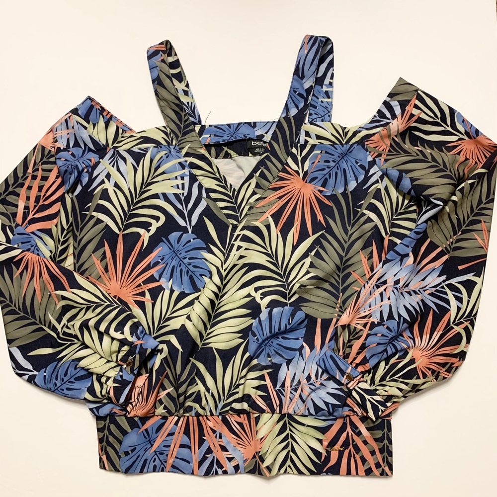 Bebe Cold Shoulder Palm Tropical Print Top